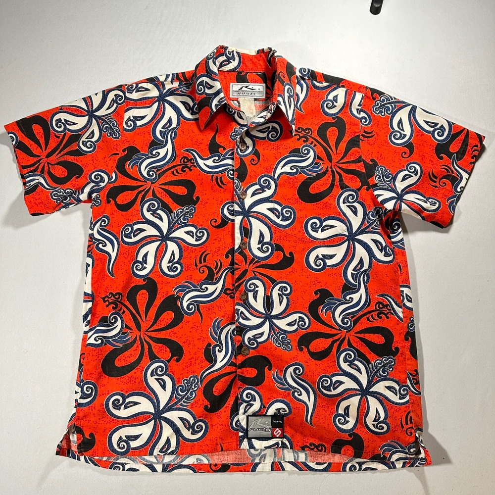 Y2k Rusty Surfcore Shirt Mens XL Red Psychedelic Floral Aloha Tribal Festival 90